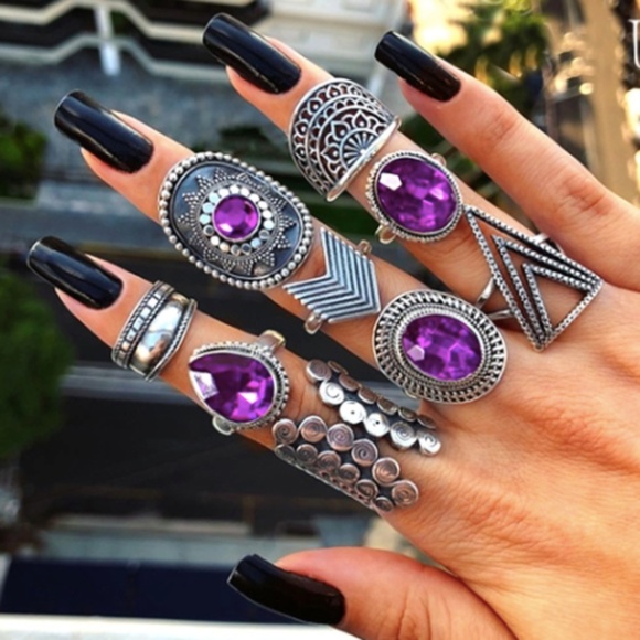 Free People Jewelry - 9 Piece Silver and Purple Stone Ring Set